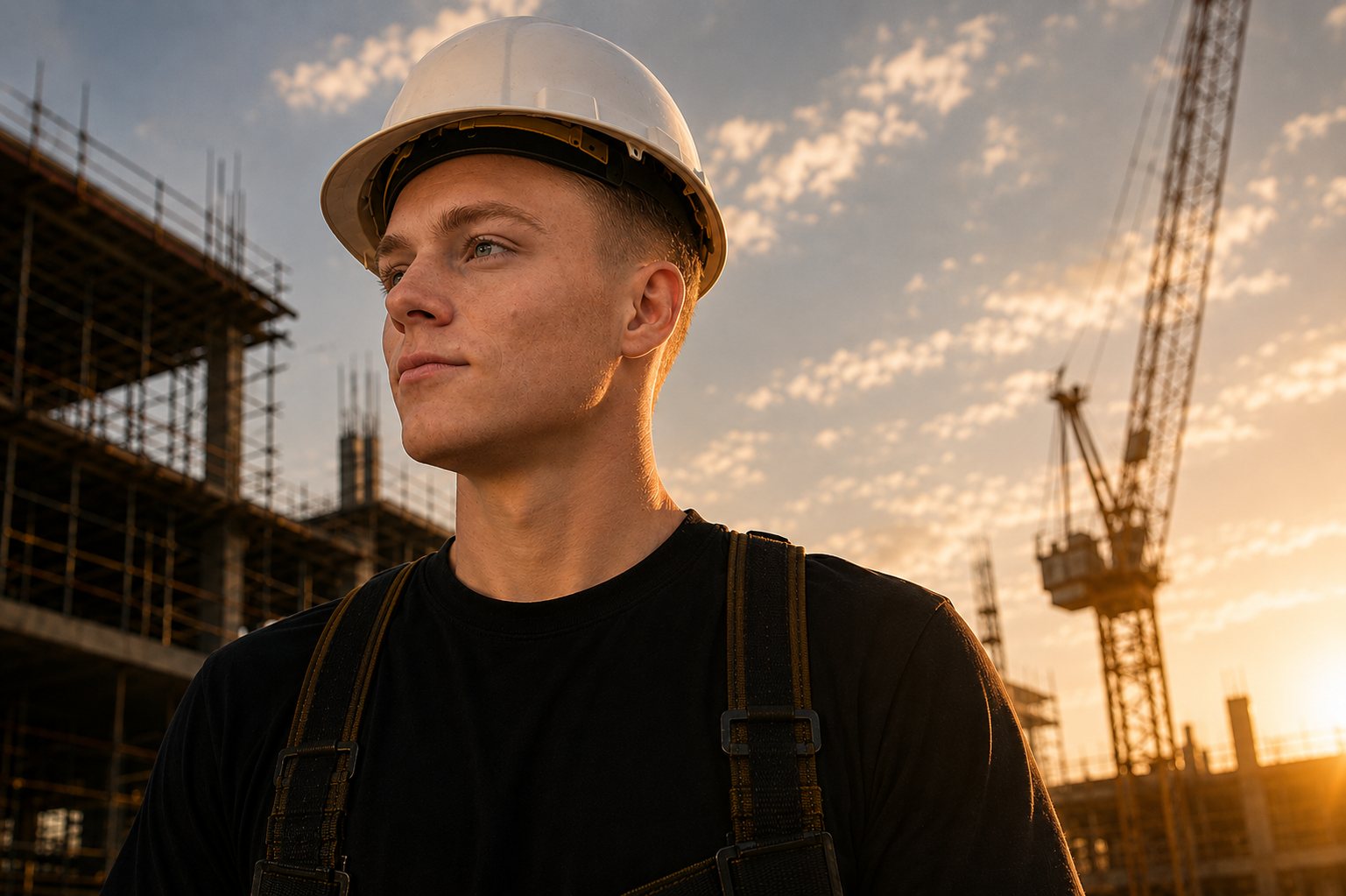 Mack Horne wearing a hard hat on a construction job site
